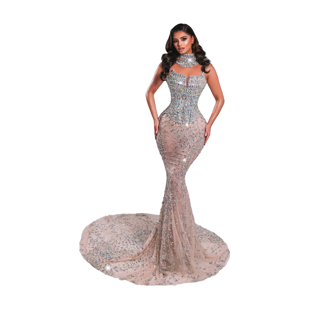 Sparkly Strapless Evening Dresses Crystal Beading Prom Dress Shiny Sleeveless Sweep Train Mermaid Party Gowns Vestidos De Noche Plus Size