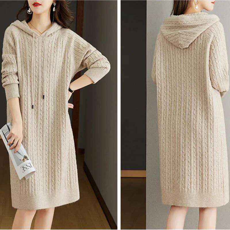 Autumn Winter Women's Thickened Hooded Dress Loose Sweater Long Sleeve Knitted Dresses XJ260131