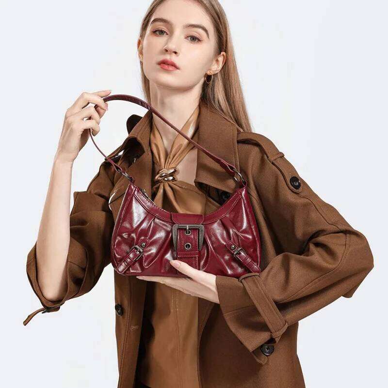 Bags Y2K Retro Style Maillard Pleated Rivet Armpit Bag, Fashionable Ladies Cool Leather Shoulder Bag