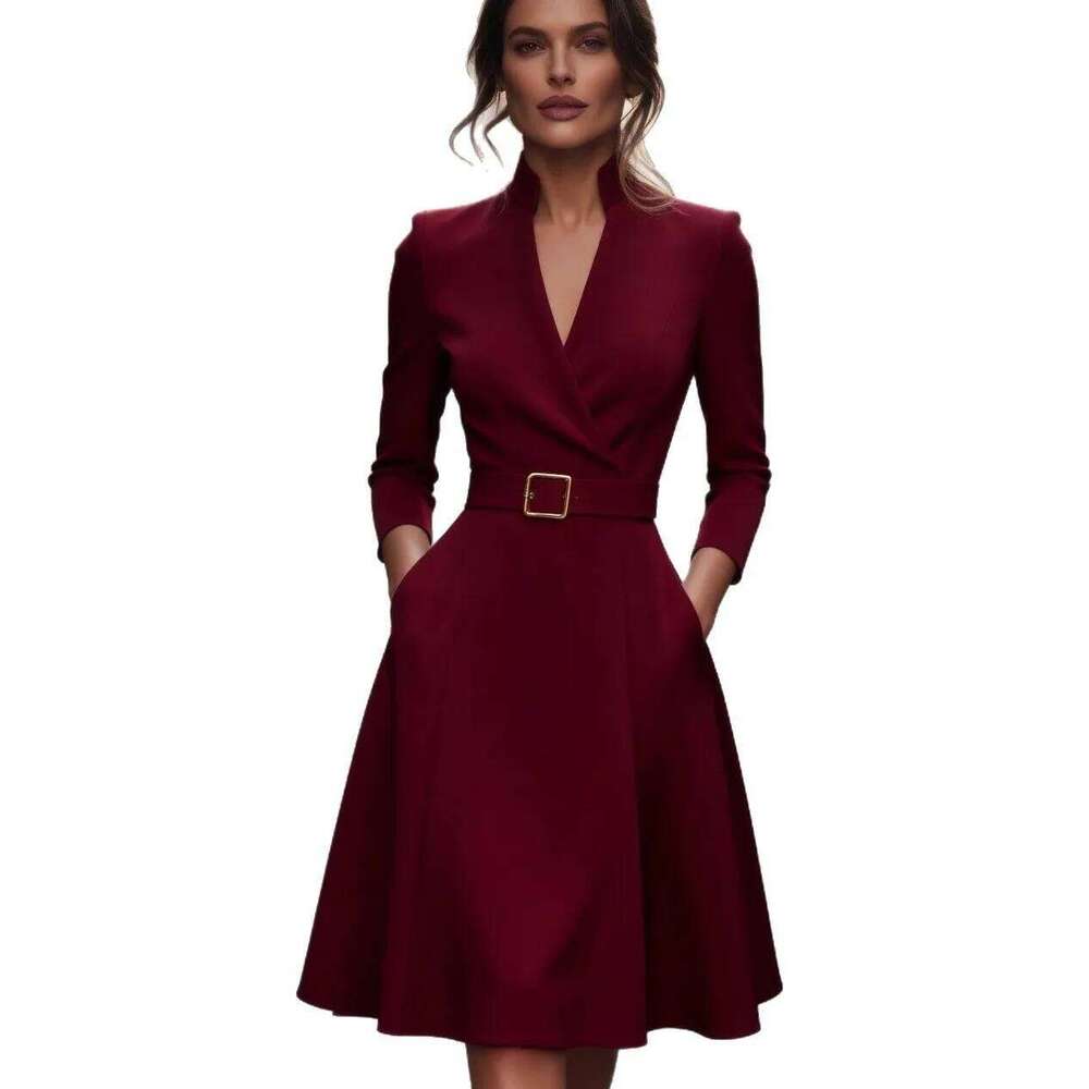 2026 Spring Autumn Womens New Solid Color V-neck A-line Belted Waist Slim Fit Flared Office Commute Versatile Long Dress XJ260131