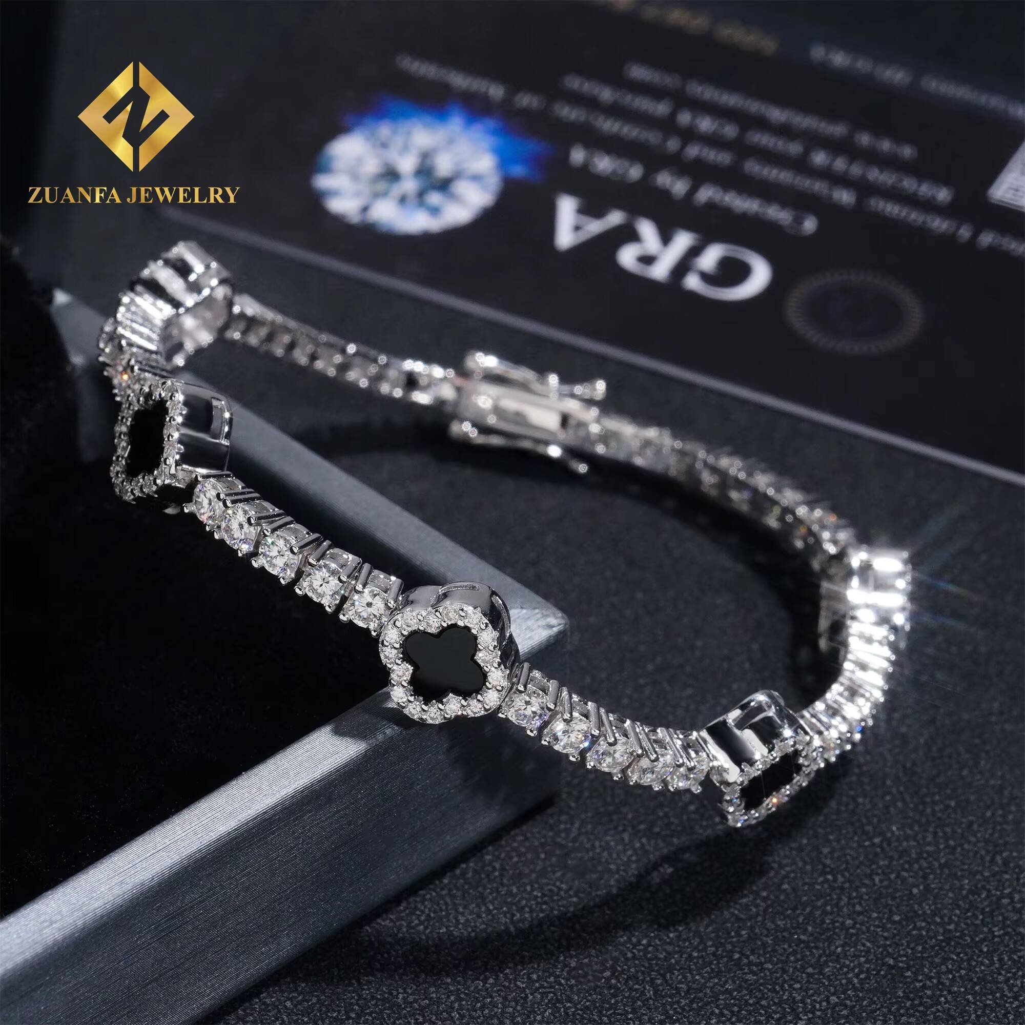 New Arrivals 3mm Iced Out Hip Hop Jewelry S925 Silver VVS1 Moissanite Diamond Four Clover Leaf Cluster Tennis Bracelet