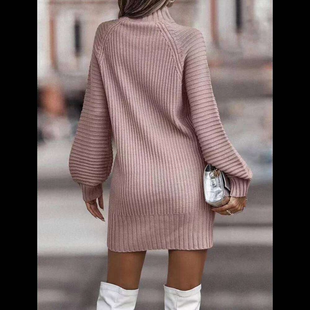 High Collar Long Sleeve Knitted Sweater Dress, Casual Dresses, Monochromatic, New Fashion, Autumn and Winter XJ260131
