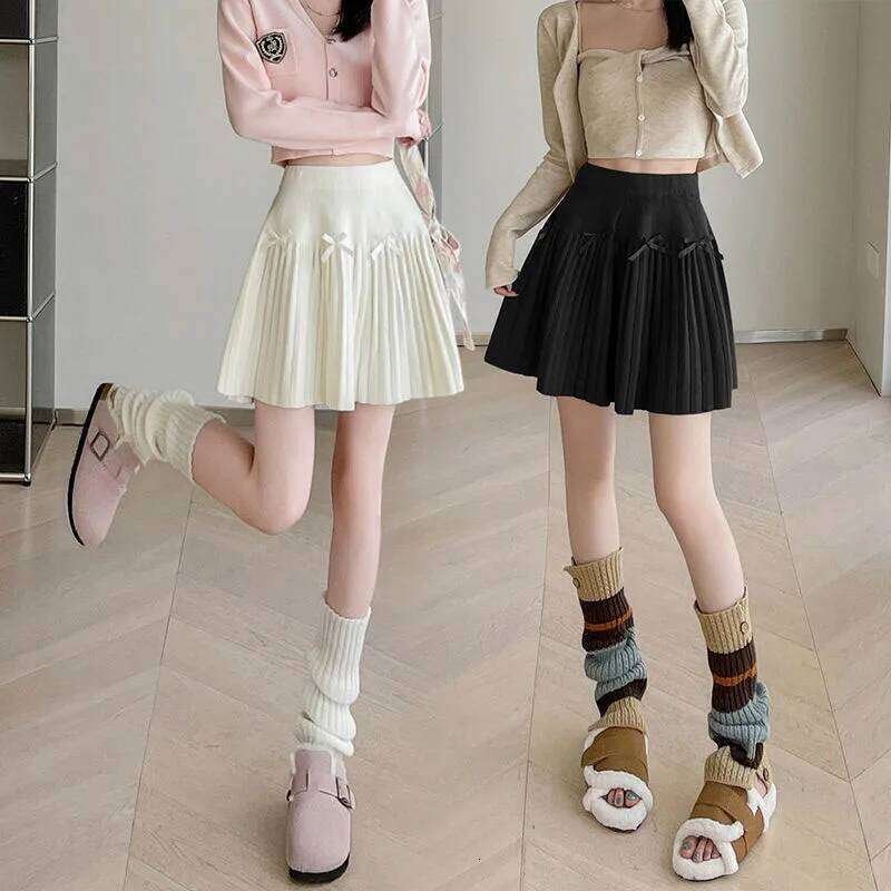 Korean Chic Bow Knitted A-Line Women Preppy Style Cute Pleated Short Skirts Girls All-Match Slimming High Waisted Skirt XJ260131