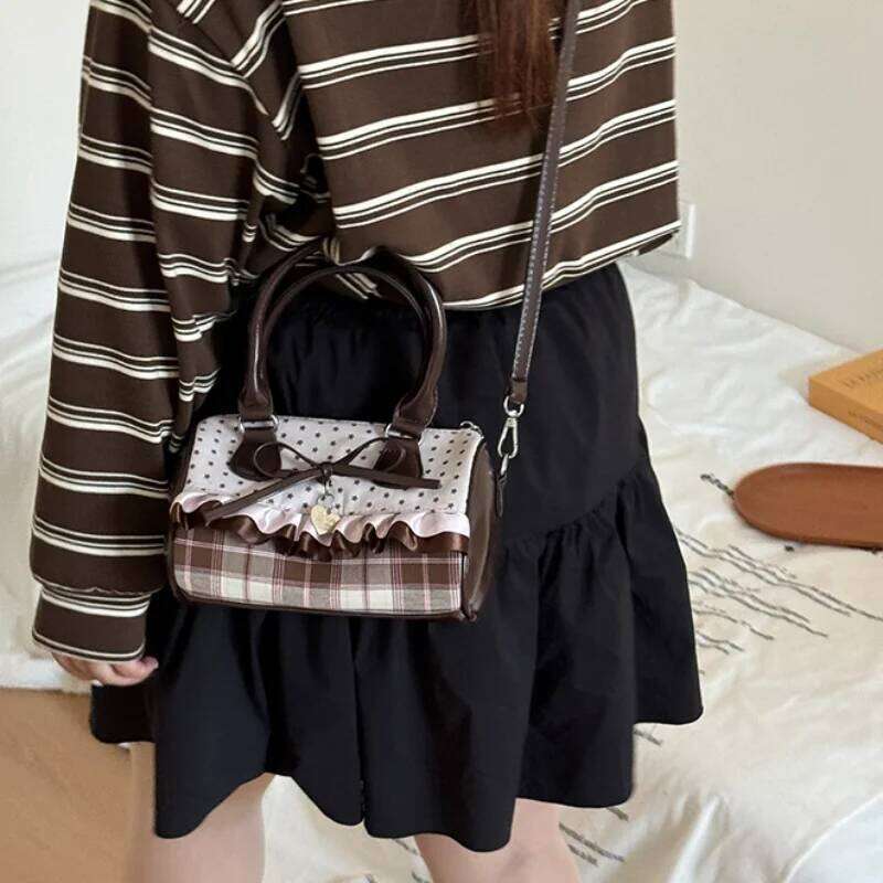 Korean Bow Polka Dot Fashion Bowler Color-blocked Lace Y2k Style Handbag Retro Sweet Plaid Crossbody Zipper Shoulder Bag XJ260130