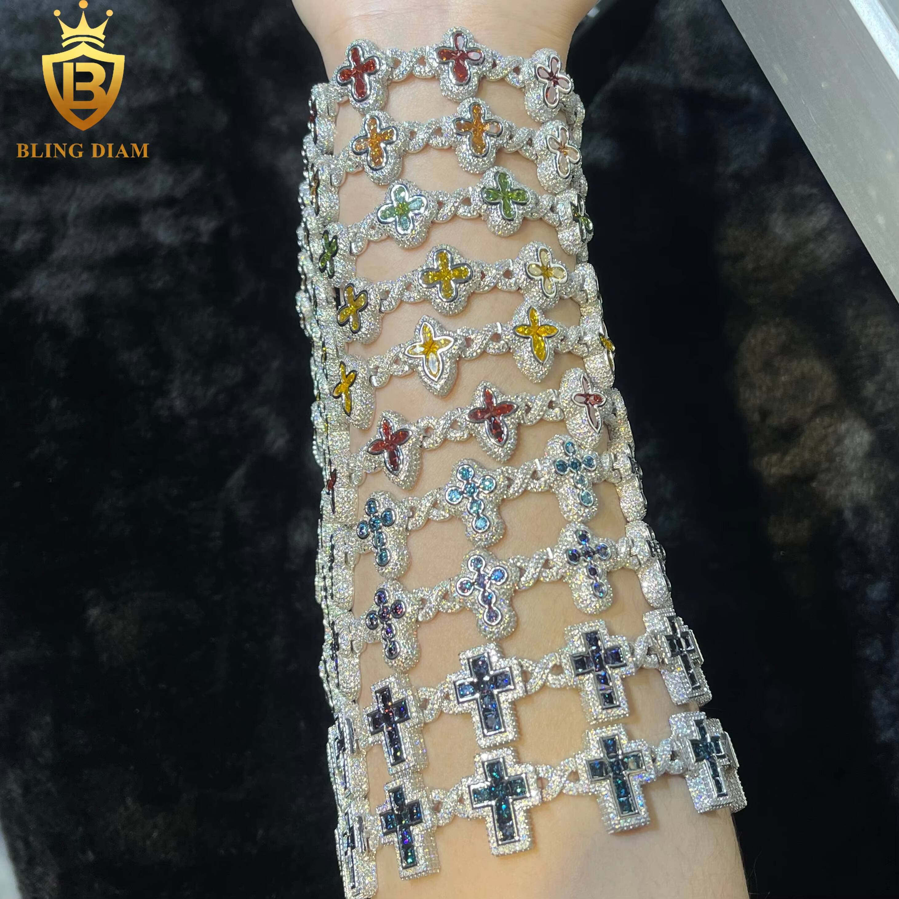 New Cuban Bracelet Cross 4 Clover Flower Hip Hop Men Charms for Jewelry 925 Sliver Green Blue Purple Yellow Red Moissanite