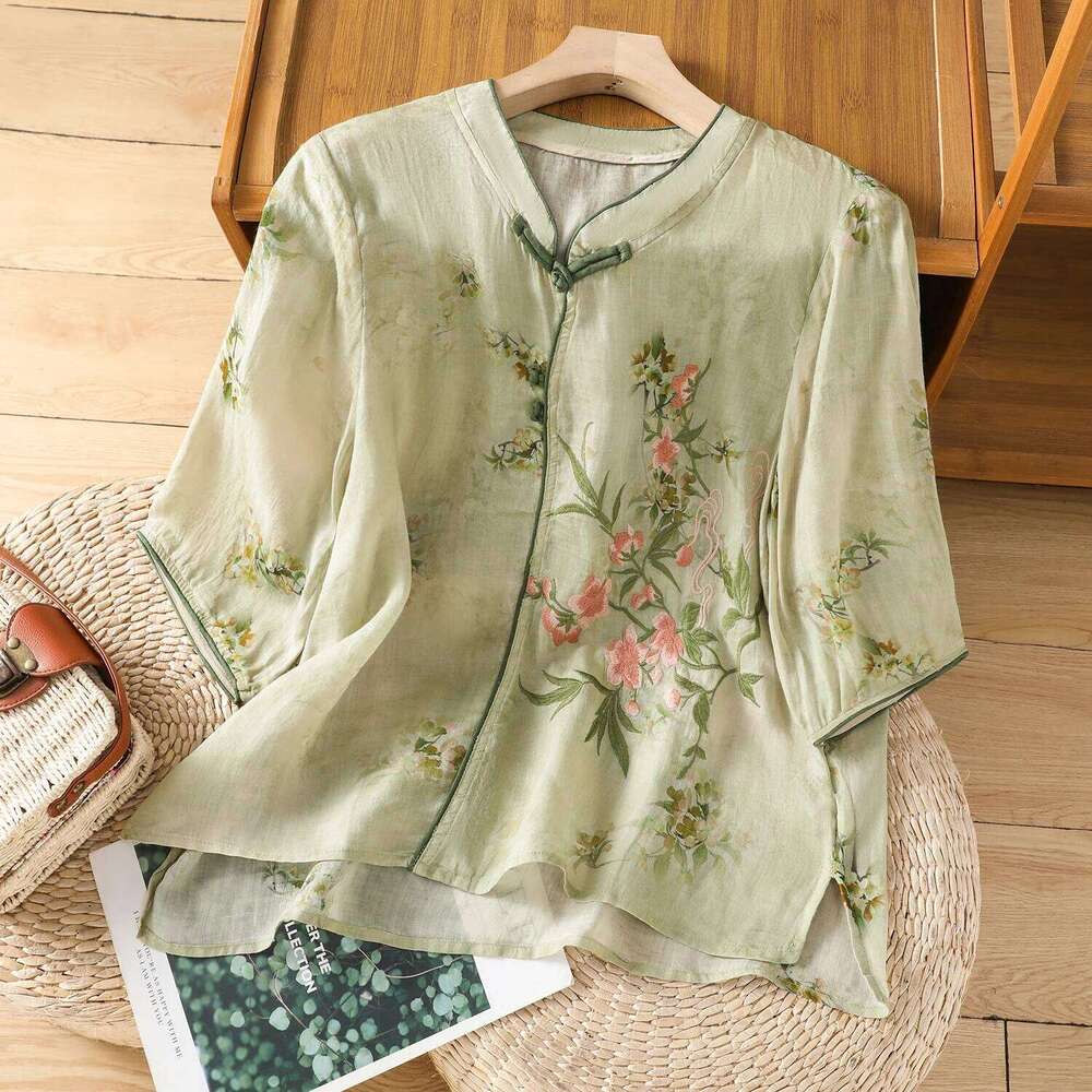 Summer Female Clothes Chinese Style Half Sleeve Women's Blouses Fashion Embroideried Cheongsam Shirt Lady Floral Top Loose