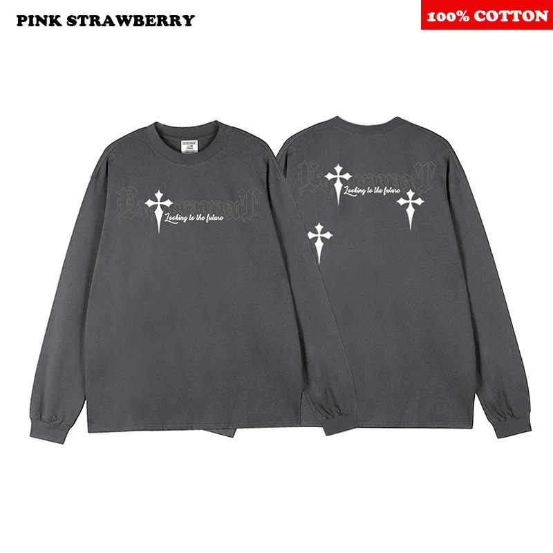 Oversize Street Letter Print T-shirt Men Autumn 100Cotton Round neck White Long sleeved Tee Loose Y2k Top men clothing 260118