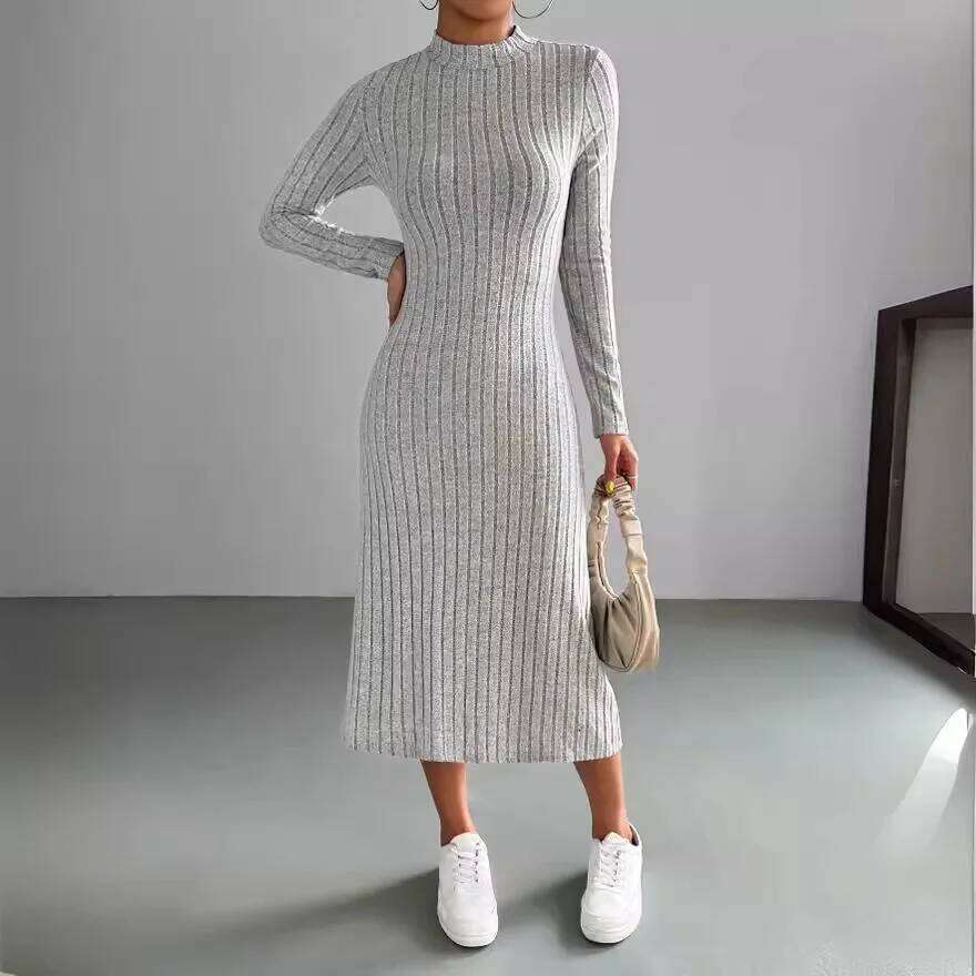 Women's 2024 autumn new casual mid length dress, European and American slim fit solid color knitted long sleeved dress XJ260131