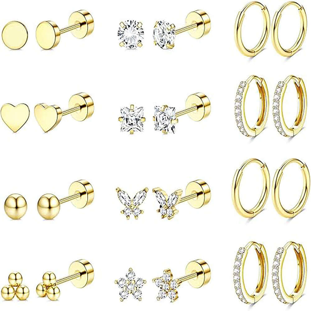 Amazon Hot-Selling 15 Pairs of Simple Stainless Steel Geometric Earrings gold Ear Bone Studs In Stock Direct from Manufacturer