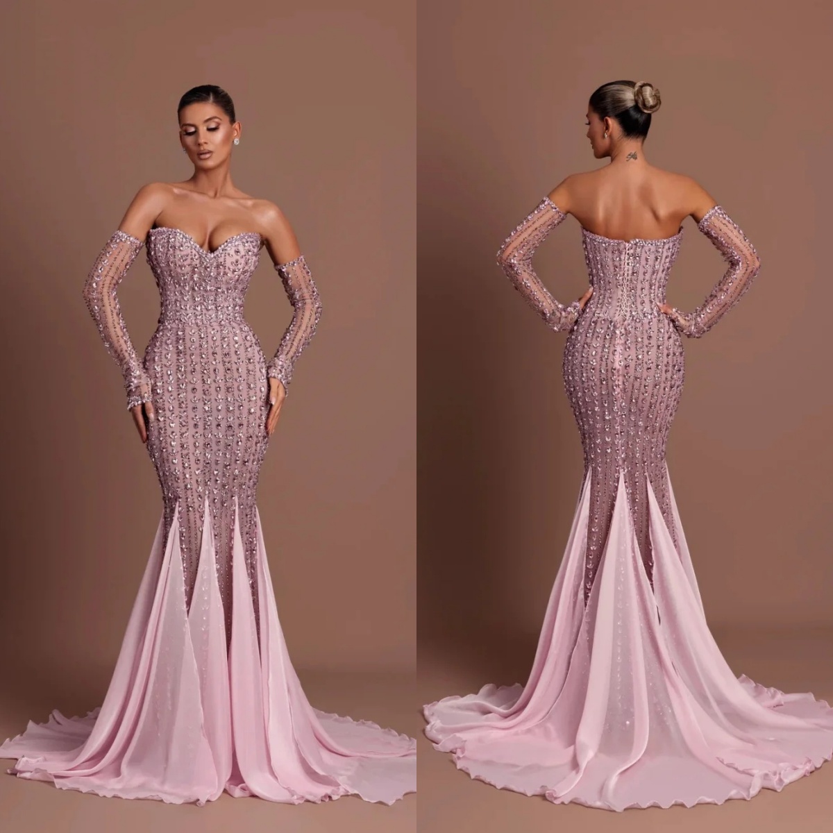 Luxury Strapless Evening Dresses Crystal Prom Gown Beaded Rhinestone Backless Slim Fit Mermaid Customized Vestidos De Noche Plus Size