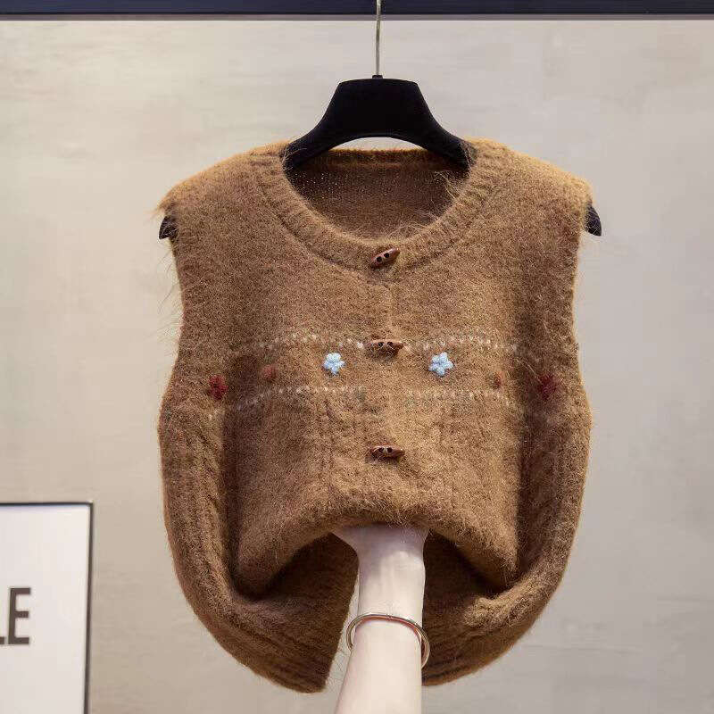 Vintage Knitted For Women Handmade Floral Sweater Round Neck Layered Sweet Jacquard Vest Versatile Trendy