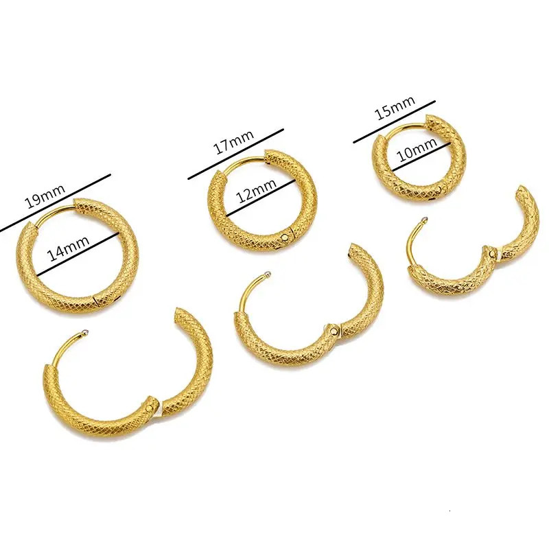 6pcs 10/12/14mm Stainless Steel Gold Color Round Ear Rings Grid Texture Hoop Earrings for Female Jewelry Accessories 260126
