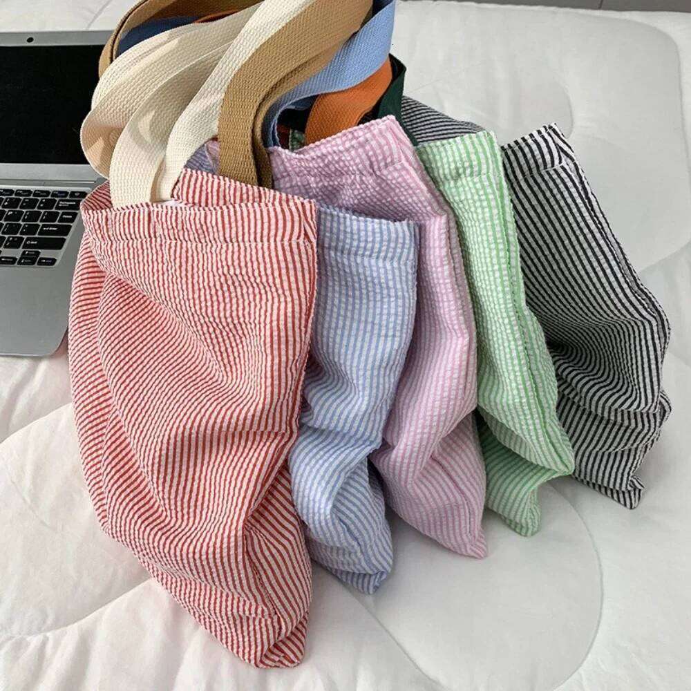 Large Capacity College Book Tote Stripe Contrast Color Women's Canvas Shoulder Zipper Handbags Simple Commuter Shopping Bag