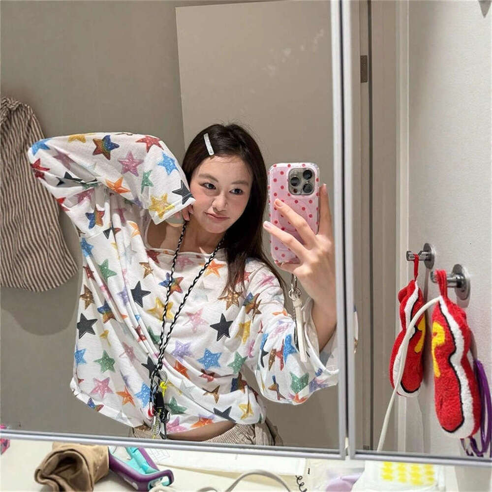 American Style Full Colorful Star Print Asymmetrical Long Sleeve T-Shirt Women's Summer Lightweight Off-Shoulder Sun Protection Cover-Up