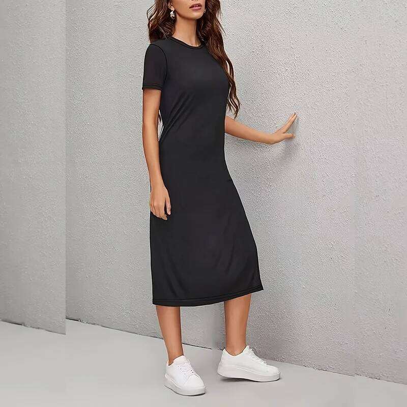 Elegant Short-Sleeved Dress for Women, Side Slit Round Neck Design, Fashionable and Versatile Summer Women's Clothing XJ260131