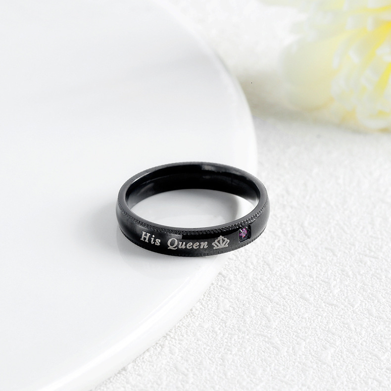 HerkingHisQueen Crown Queen Titanium Steel Black Couple Rings Finger Ring Letter Imprint