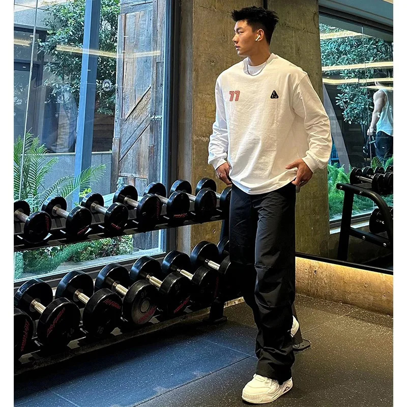 Street Hip Hop Number 7 Print T-shirt Men Autumn 100 Cotton Oversize Sports Gym Long sleeves Tee Y2k Top Men clothing 260118