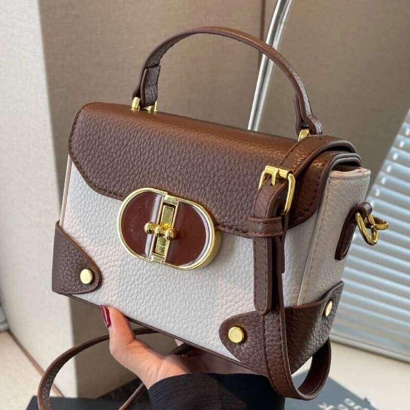 Premium French Stone Pattern Women's Shoulder Fashion Hundred Lock Small Square Bag Retro Sweet Solid Color Girl Crossbody B