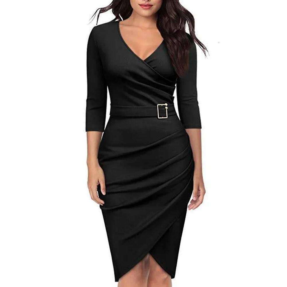 Elegant Fall Bodycon Short Dress Women Long Sleeve V Neck Slim Fit Work Robe Female OL Lady Solid Everyday Dresses XJ260131