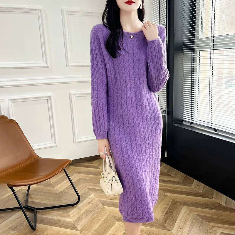 Autumn And Winter New 100% Wool Dress Women's Round Neck Long Twist Loose Knee Cashmere Skirt XJ260131