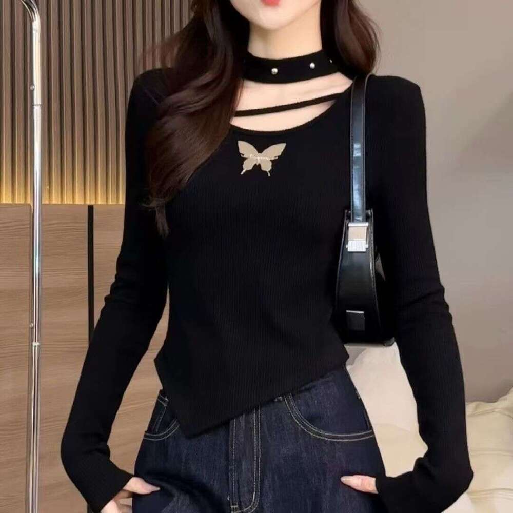 Irregular Bowknot U-Neck Long Sleeve T-Shirt For Women, Spring, Autumn, Winter, High-End, Pure Desire, Slim Fit, Regular Shoulder, Base Shirt, Top