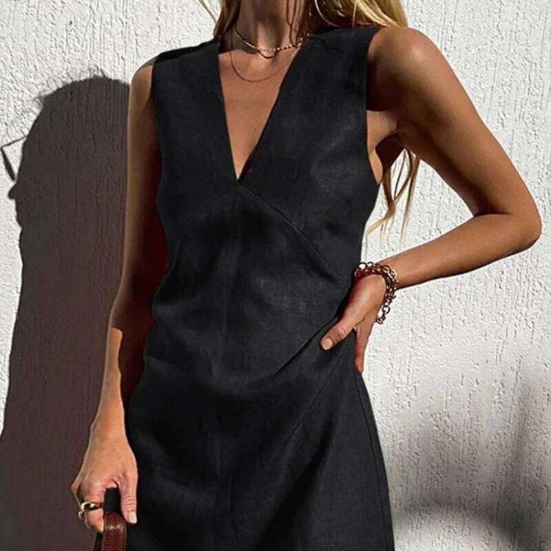 Cotton Linen Dress Sleeveless V-neck Solid Color Slim Vest Skirt 2025 Spring and Summer Fashion Elegant Women's Wear XJ260131