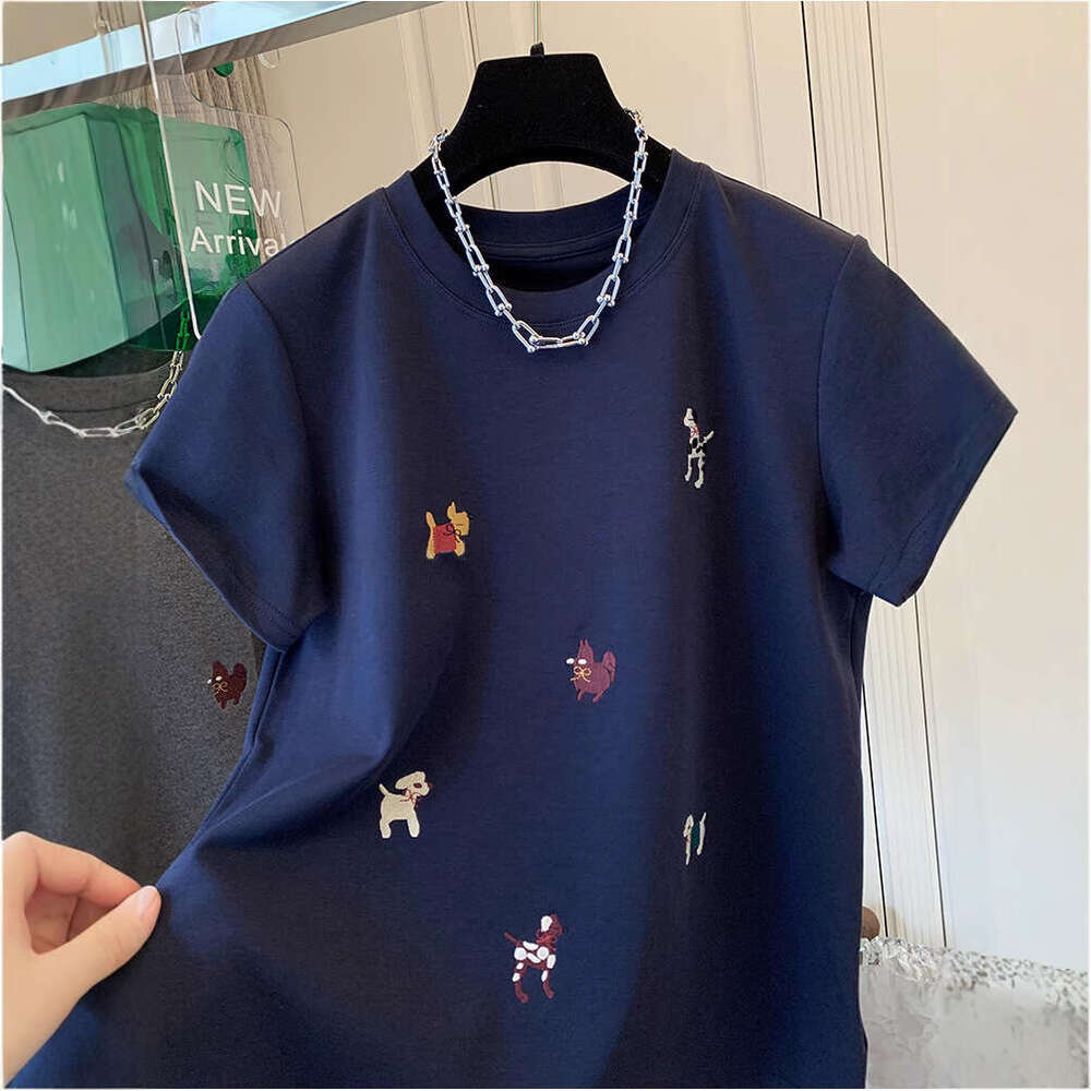 European Goods 150Kg Extra Large Embroidered Cartoon Brushed Cotton Short Sleeve T-Shirt Base Shirt For Women Spring And Autumn Loose Versatile Top