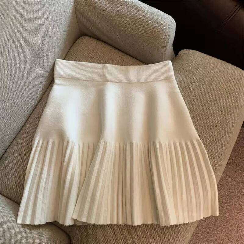 Pleated Mini Korean Knitted Skirts Sweet Elastic Waist Ladies Casual Youthful For Women's Clothes Solid Fashion New XJ260131