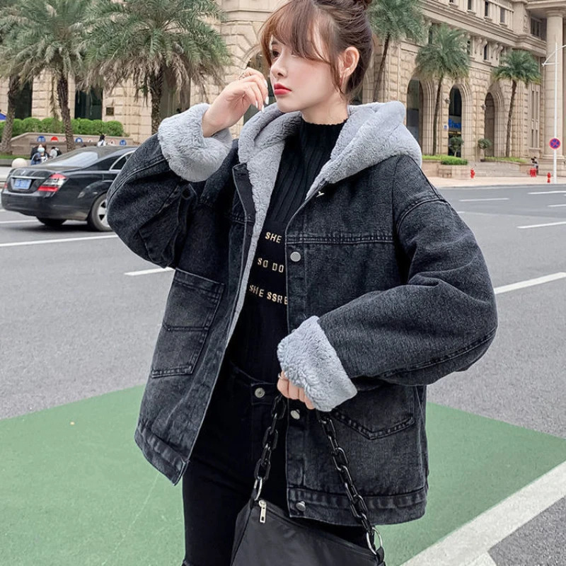 Womens Loose Allmatch Fleece Thickened Hooded Denim Jacket 260120