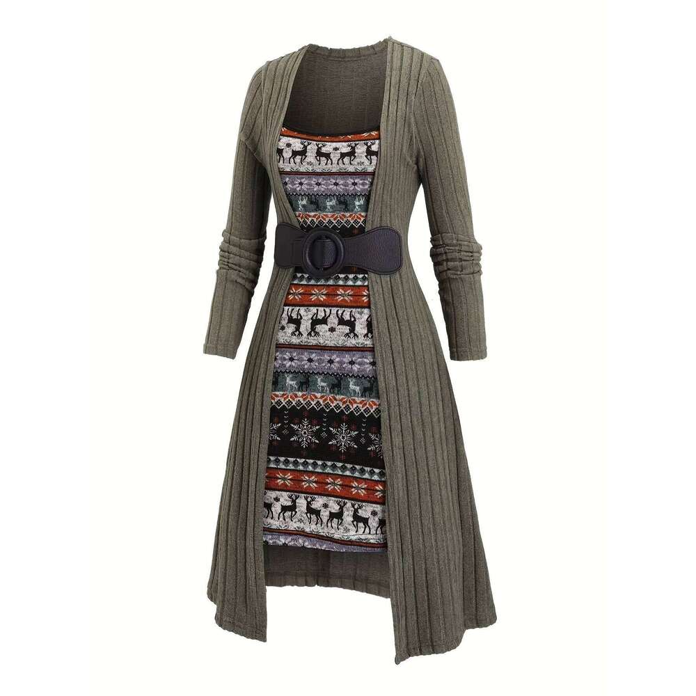 European American fashion women's snowflake and Christmas elk printed stitching buckle rib knit dress XJ260131
