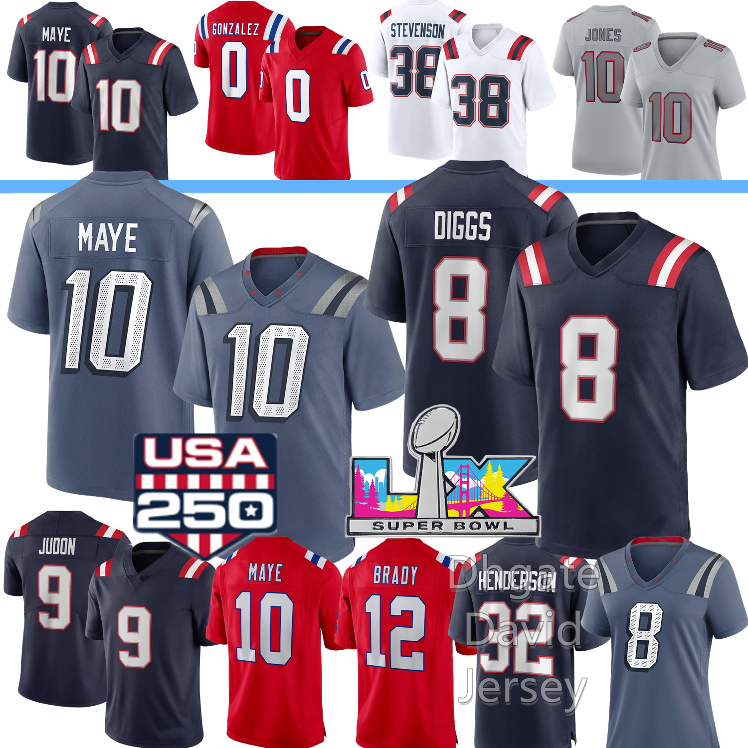 New Englands Football Jersey Drake Maye Patriotses Stefon Diggs Tom Brady TreVeyon Henderson Gonzalez Randy Moss Dugger Peppers Barmore Henry Stevenson Landry 4XL