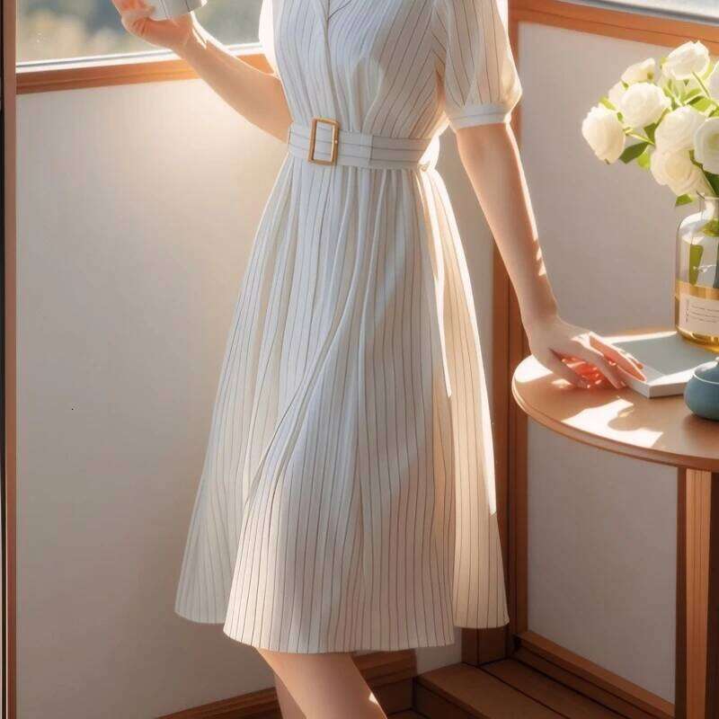 Seoulish Summer Elegant Striped Women's A-line Dresses Sashes 2025 New Short Sleeve Collar Casual Loose Midi Dress Female XJ260131