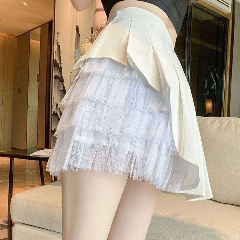 Pleated Skirts Women Chic Summer Party All-match Schoolgirls Clothing Vintage Slim Simple Pure Faldas Ulzzang Y2k Mesh Design XJ260131