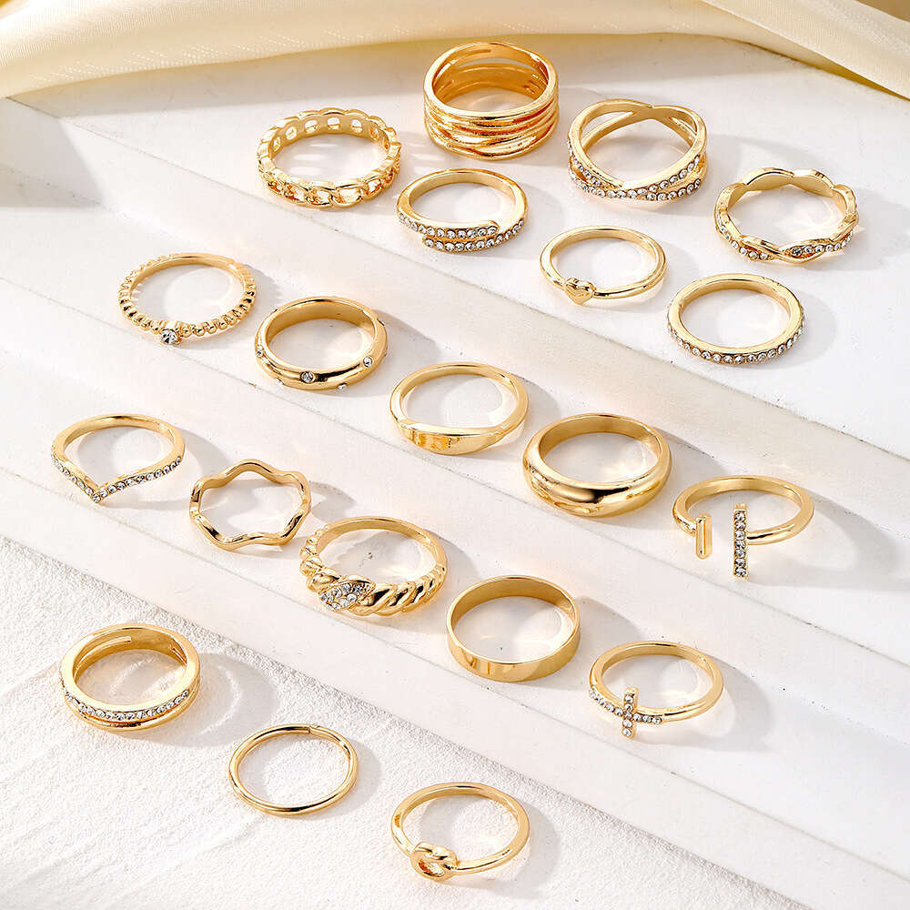stackable rings and American Cross-Border New Style Diamond Cross Knot Heart Spiral Ring 20-Piece Set Adjustable Open Rings