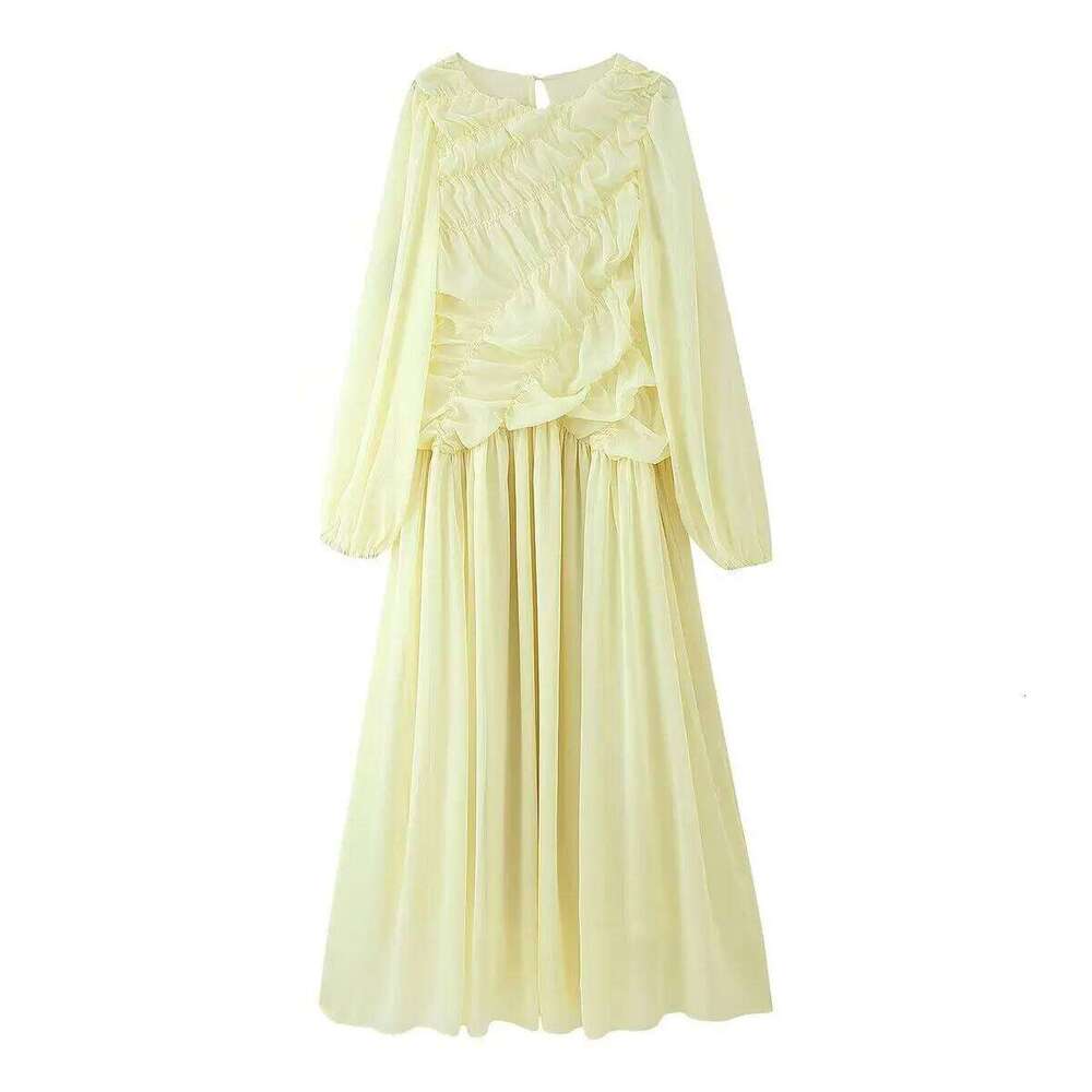 Elegant Pleated Lantern Sleeve Long Women O-Neck Folds Loose Holiday Beach Dress Summer Chic Vestidos