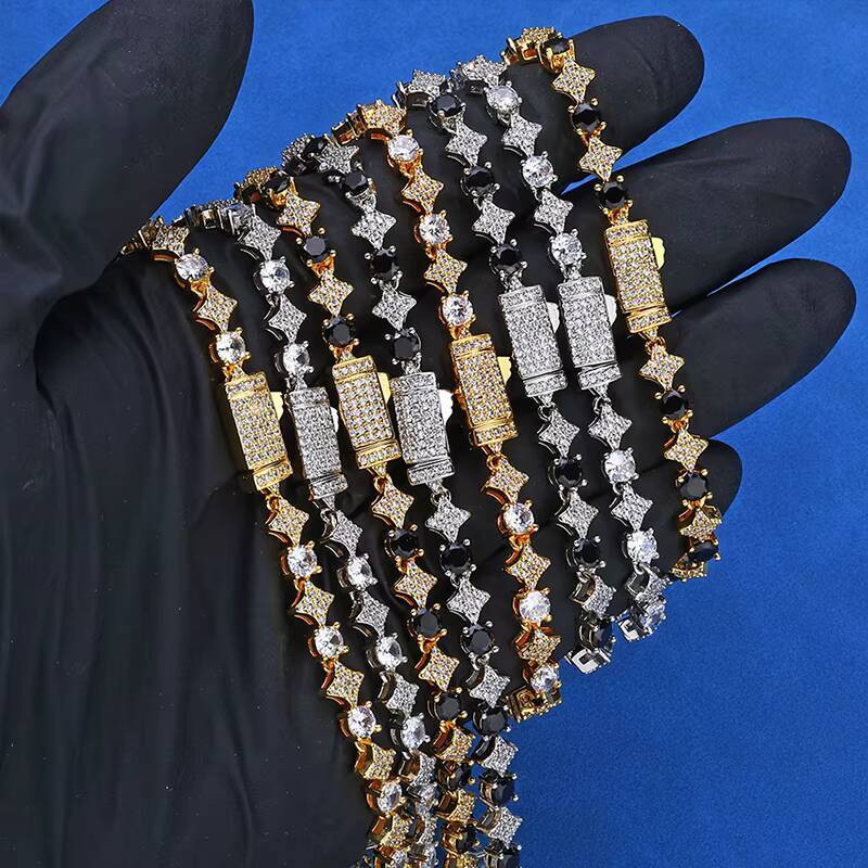 RINNTIN XP108 Pass Diamond Tester High Quality Vvs Moissanite Iced Out Brass 18K Gold Plated Moissanite Bracelet