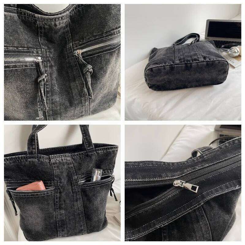 Americana Vintage Distressed Wasteland-Style Rivet Washed Denim Tote Bag Versatile Commuter Shoulder Crossbody Bags for Women XJ260130