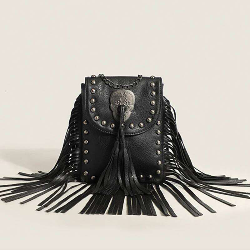 Women's Crossbody Vintage Tassel Shoulder Bag For Women Leather Punk Rivet Zipper Wallet Travel