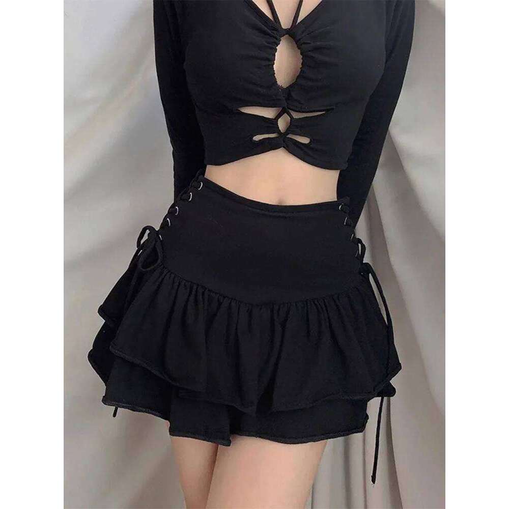Streetwear Mall Goth Women Harajuku Y2k E-girl High Waist Bandage Mini Skirt Dark Gothic Punk Emo Alt Club Wear XJ260131