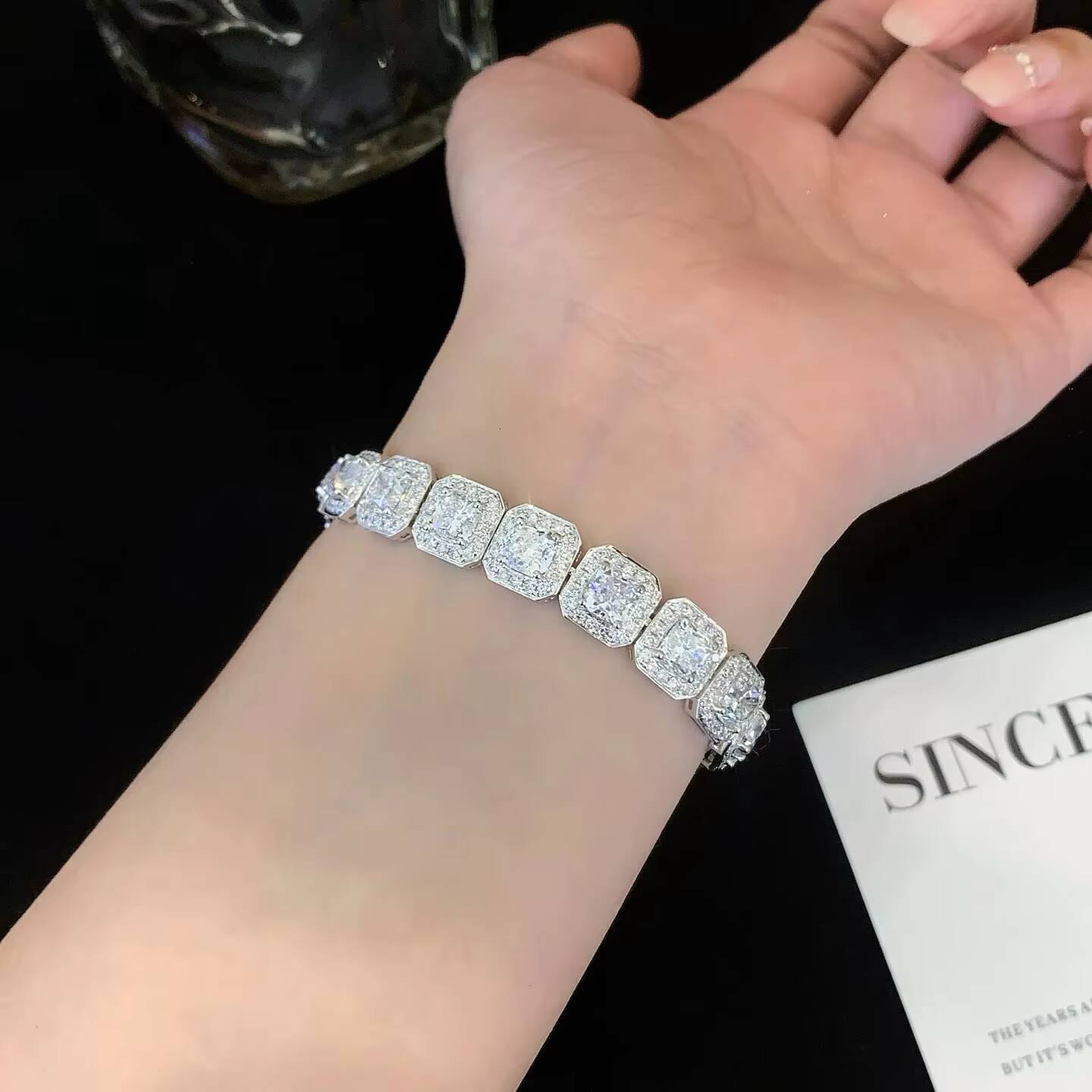 Luxurious ICEWALD 9K White Gold Lab-Grown Radiant Cut Filled Diamond Tennis Bracelet Fully-Embedded Exquisite Bangles