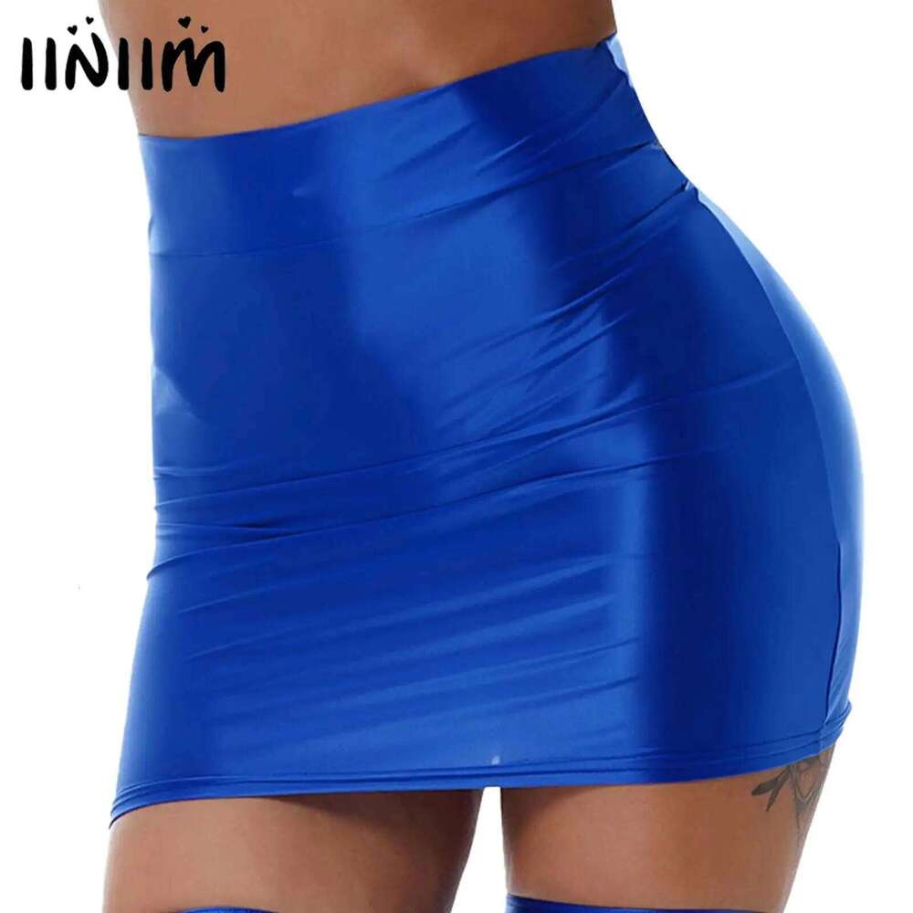 Womens Glossy Stretch Oil Solid Color Pencil Skirt Casual High Waist Elastic Waistband Short Miniskirt Rave Party Clubwear XJ260131