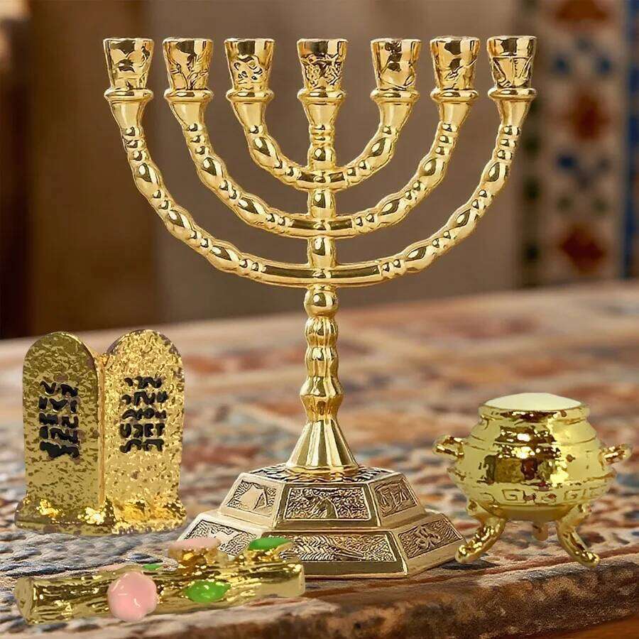 Jewish Religious Decor Set - 7-Branch Menorah, Torah Tablets, Golden Calf, Aarons Rod Replica for Hanukkah & Synagogue Y260131