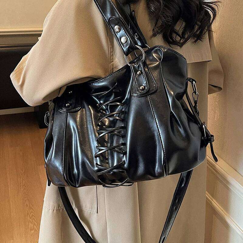 Studded Vintage Luxury Glossy Pu Women's Handbag Stylish Lace-up Motorcycle New Punk-style Large Capacity Tote Bag XJ260130
