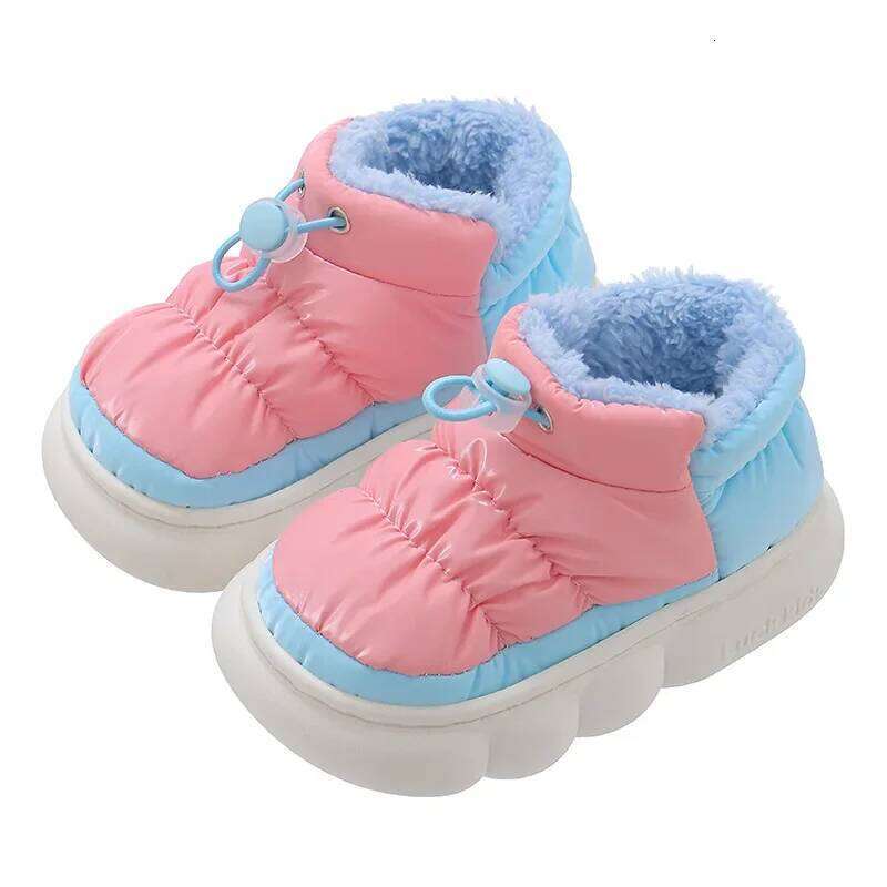 Children Winter Cotton Slippers Boy Drawstring Heel Down Cloth Waterproof Warm Fleece Girl Color Blocking Kid Casual Shoes Y260128
