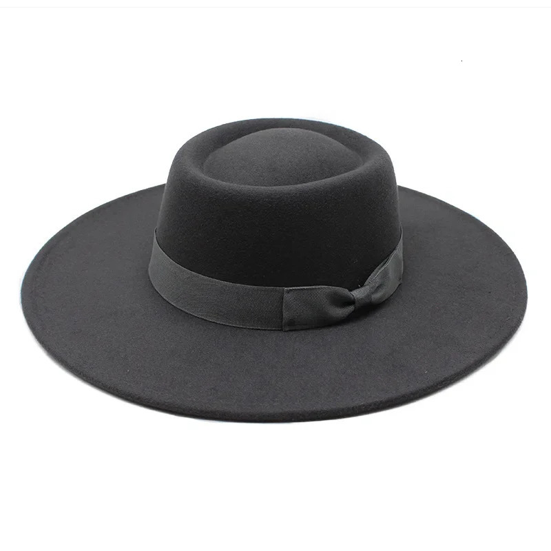 Fedora Bow hat Wide Brim Church Derby Flat Top Hat Panama Felt Fedoras Hat for Women artificial wool Blend Jazz Cap Trilby hats 260120