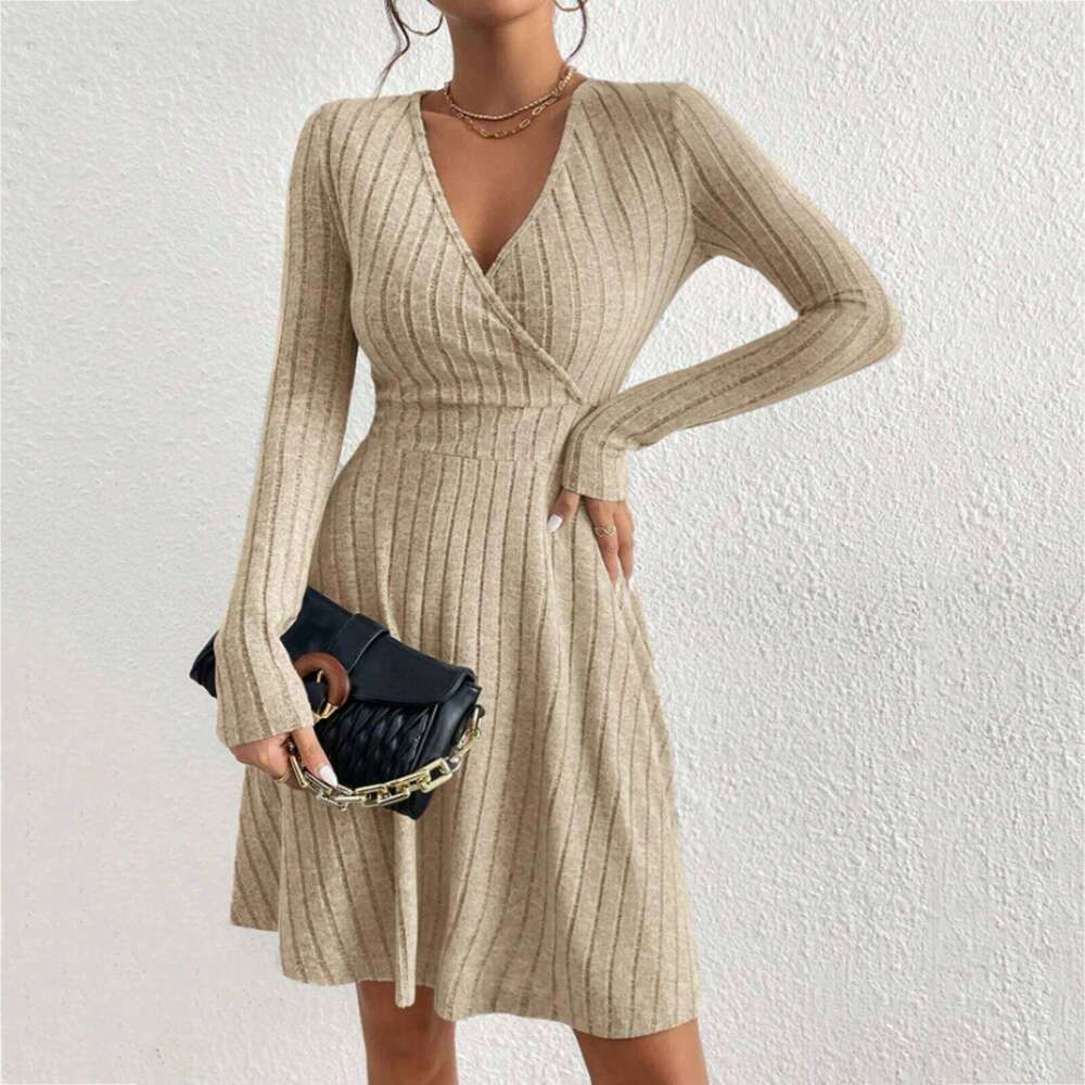 Ladies' Waist A-Line Autumn Basic Solid Long-Sleeved V-Neck Dresses Daily Date Fashion Casual Party Simple Elegant Dress XJ260131