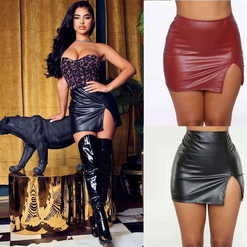 High Waist Hip-Wrap Short Sexy Black PU Leather for Nightclub with Zipper Decoration Women's Western-Style Skirt XJ260131