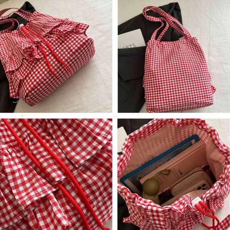 Large Capaci Cute Plaid Cotton Tote Bag Lace Trim Women's Summer 2025 Simple Lady Handbag Soft Shoulder Bags Bolsa Feminina