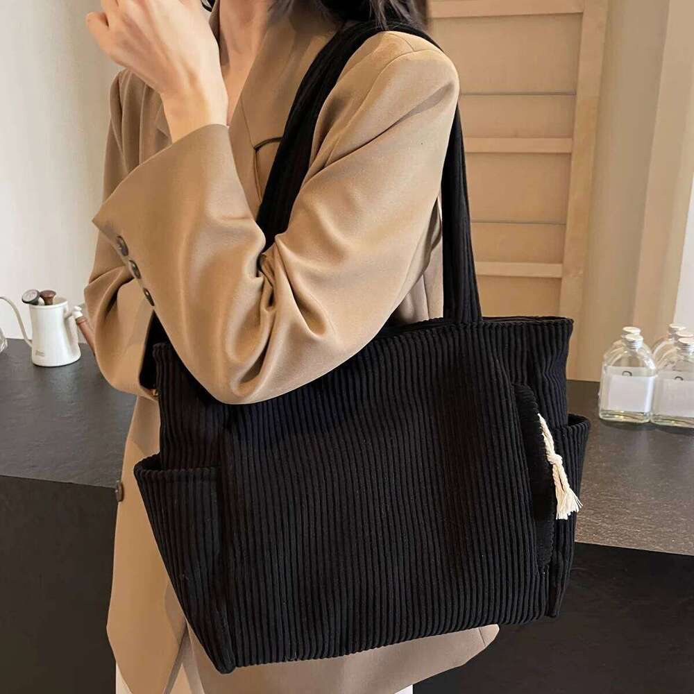 Durable Soft Corduroy Women's Casual Tote Multi-Compartment Zipper Closure Commute Shoulder Bag For Women