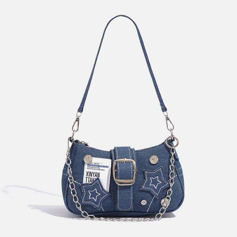 Fashion Women's Handbags Blue Denim Stars Pattern Cool Girls Y2K Underarm Canvas Female Small Shoulder Bags Chain Tote Bag